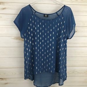 Bobeau Sheer Hi Lo Blouse Blue Gold Shimmer Moon S